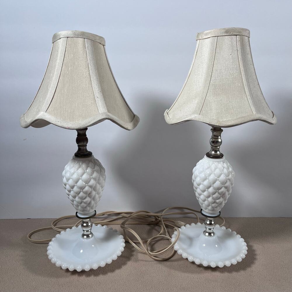 Vintage Set of 2 Milk Glass Quilted Table Boudoir Lamps Hobnail- WORKING
